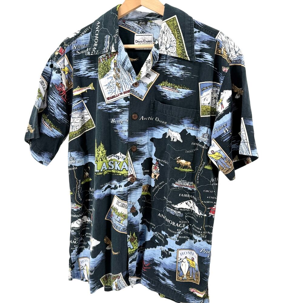 Vintage 90s David Carey Black Alaska Map Novelty Print Button Up Shirt